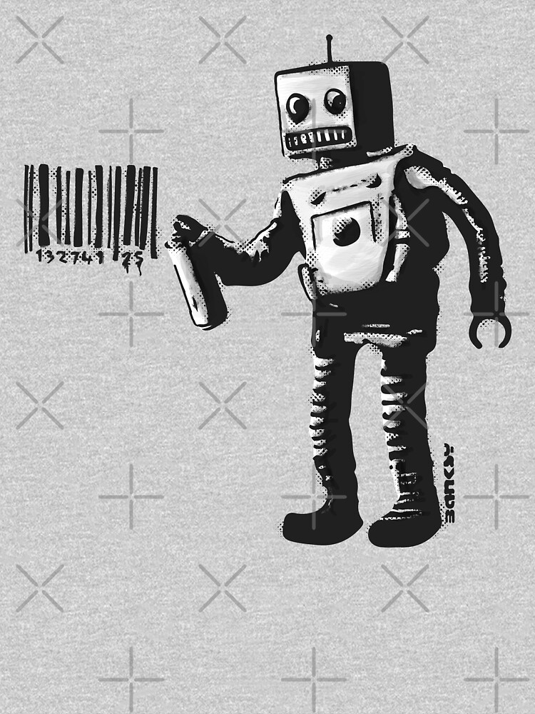 Banksy smiling Robot and barcodes Better Out Than In New York City residency black and white HD HIGHT QUALITY ONLINE STORE by iresist