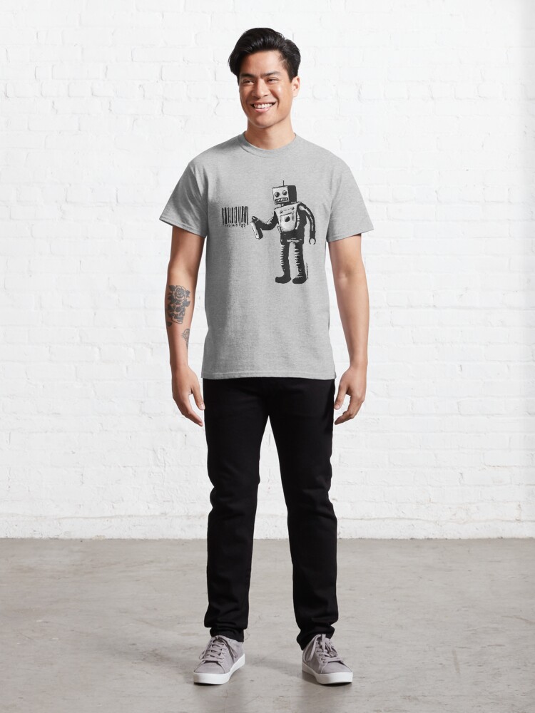 Alternate view of Banksy smiling Robot and barcodes Better Out Than In New York City residency black and white HD HIGHT QUALITY ONLINE STORE Classic T-Shirt