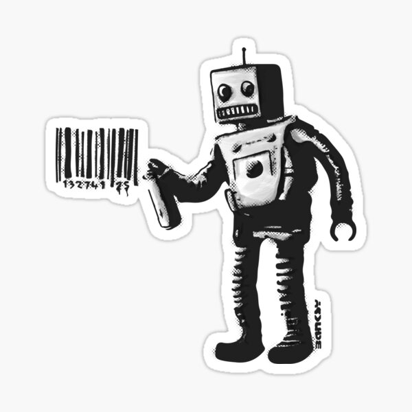 Banksy smiling Robot and barcodes Better Out Than In New York City residency black and white HD HIGHT QUALITY ONLINE STORE Sticker