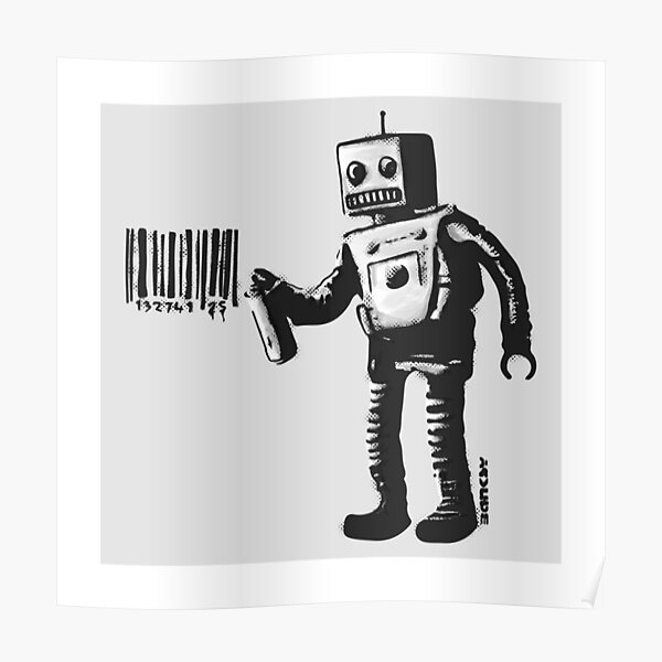 Banksy smiling Robot and barcodes Better Out Than In New York City residency black and white HD HIGHT QUALITY ONLINE STORE Poster