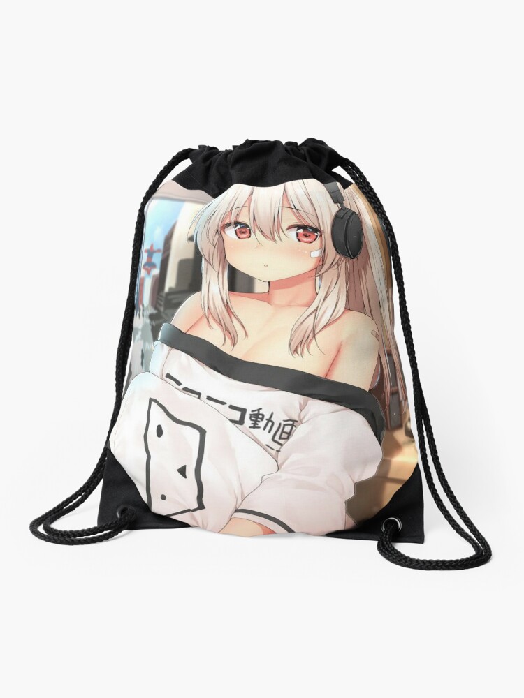 Pretty Anime Girl Waifu With Red Eyes And Blonde Hair Holding A Pillow Drawstring Bag