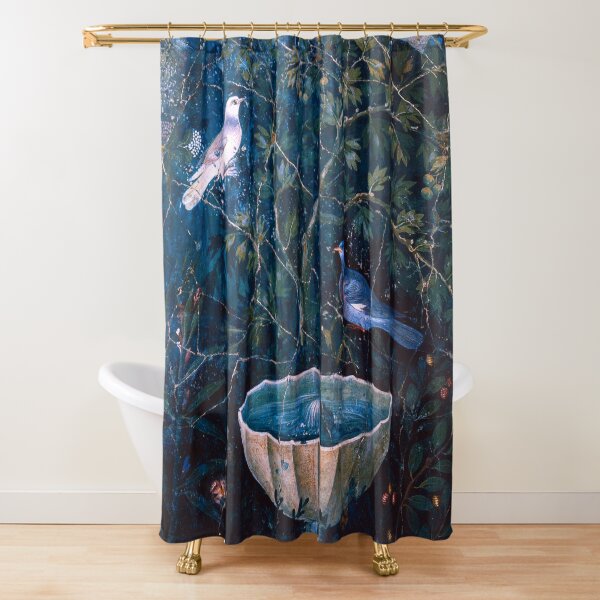 Aperçu de l'œuvre COLLECTION POMPÉI / COLOMBES ET FONTAINE DANS JARDIN, FLORAL BLEU VERT créée et vendue par BulganLumini.