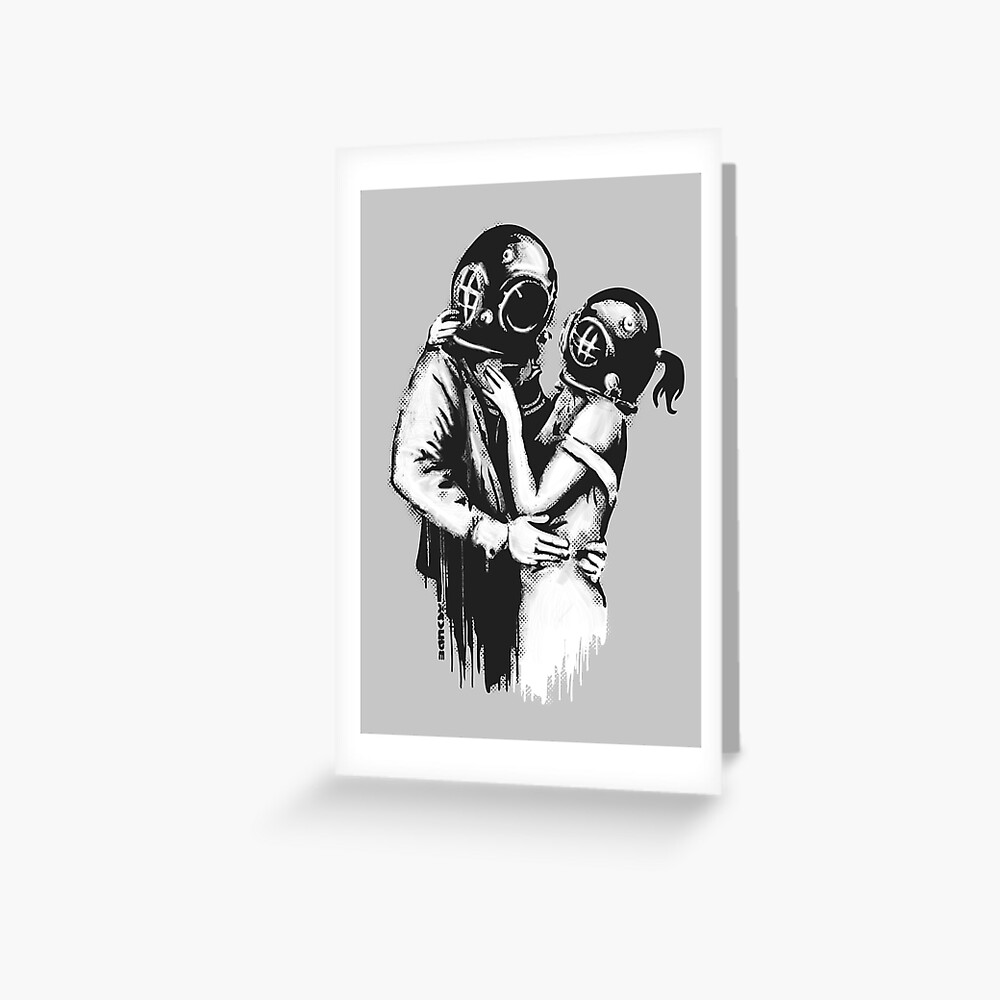 Banksy Graffiti Love Deep Loving And Embracing Couple With Diving Helmets On Pale Gray Background Hd High Quality Online Store Greeting Card By Iresist Redbubble