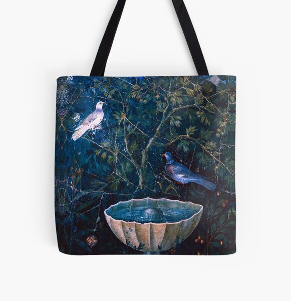 Aperçu de l'œuvre COLLECTION POMPÉI / COLOMBES ET FONTAINE DANS JARDIN, FLORAL BLEU VERT créée et vendue par BulganLumini.