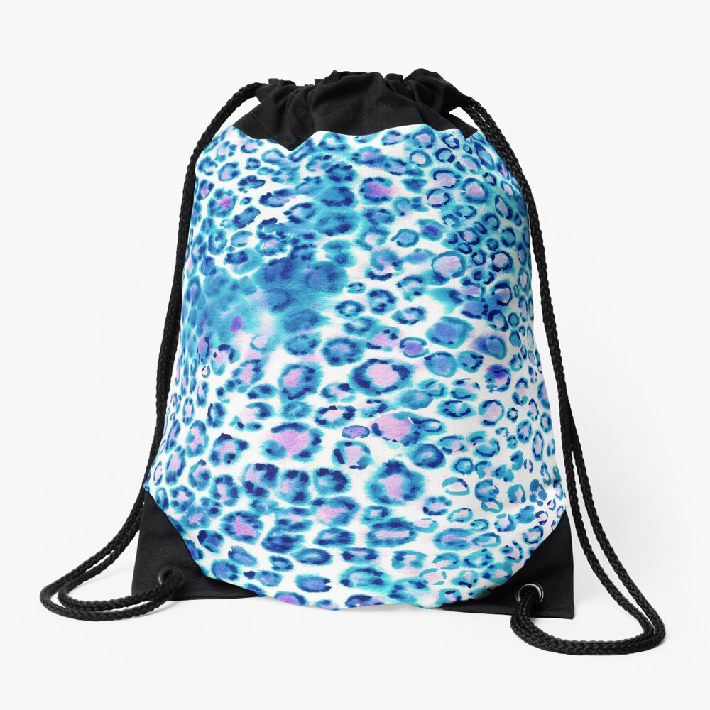 Watercolor Leopard Print in petrol and magenta Drawstring Bag