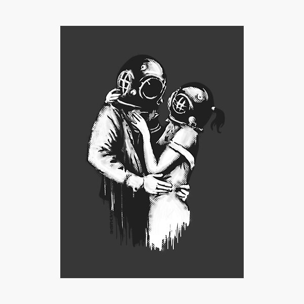 Banksy graffiti Love Deep Loving and embracing couple with diving helmets on dark gray background HD HIGH QUALITY ONLINE STORE Photographic Print