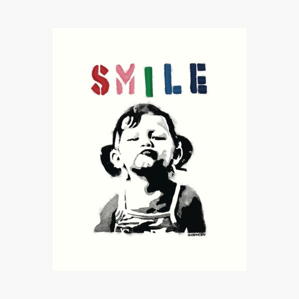 Banksy-Graffiti Zitieren Sie SMILE mit einem nicht lächelnden Mädchen Kunstdruck