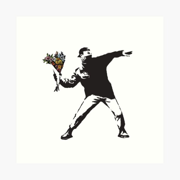 Banksy graffiti Protest anarchist throwing flowers Thrower Make Art not war on white background HD HIGH QUALITY ONLINE STORE Art Print