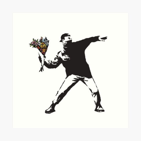 Banksy graffiti Protest anarchist throwing flowers Thrower Make Art not war on white background HD HIGH QUALITY ONLINE STORE Art Print