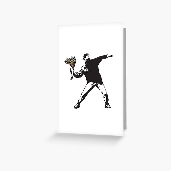 Banksy graffiti Protest anarchist throwing flowers Thrower Make Art not war on white background HD HIGH QUALITY ONLINE STORE Greeting Card
