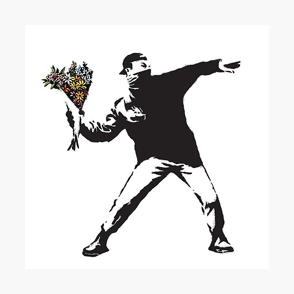 Banksy graffiti Protest Anarchist werfen Blumen Werfer machen Kunst nicht Krieg auf weißem Hintergrund HD HOCHWERTIGE ONLINE-SHOP Fotodruck