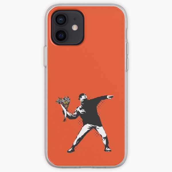 Banksy graffiti Protest anarchist throwing flowers Thrower Make Art not war on orange background HD HIGH QUALITY ONLINE STORE iPhone Soft Case
