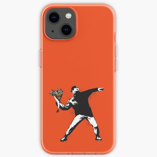 Banksy graffiti Protest anarchist throwing flowers Thrower Make Art not war on orange background HD HIGH QUALITY ONLINE STORE iPhone Soft Case
