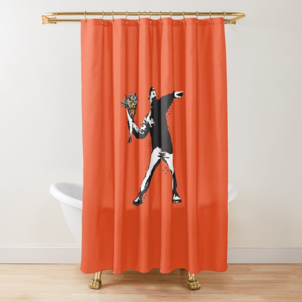 Banksy graffiti Protest anarchist throwing flowers Thrower Make Art not war on orange background HD HIGH QUALITY ONLINE STORE Shower Curtain