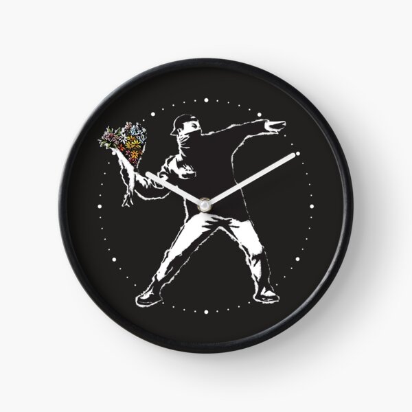 Banksy graffiti Protest anarchist throwing flowers Thrower Make Art not war on black background HD HIGH QUALITY ONLINE STORE Clock