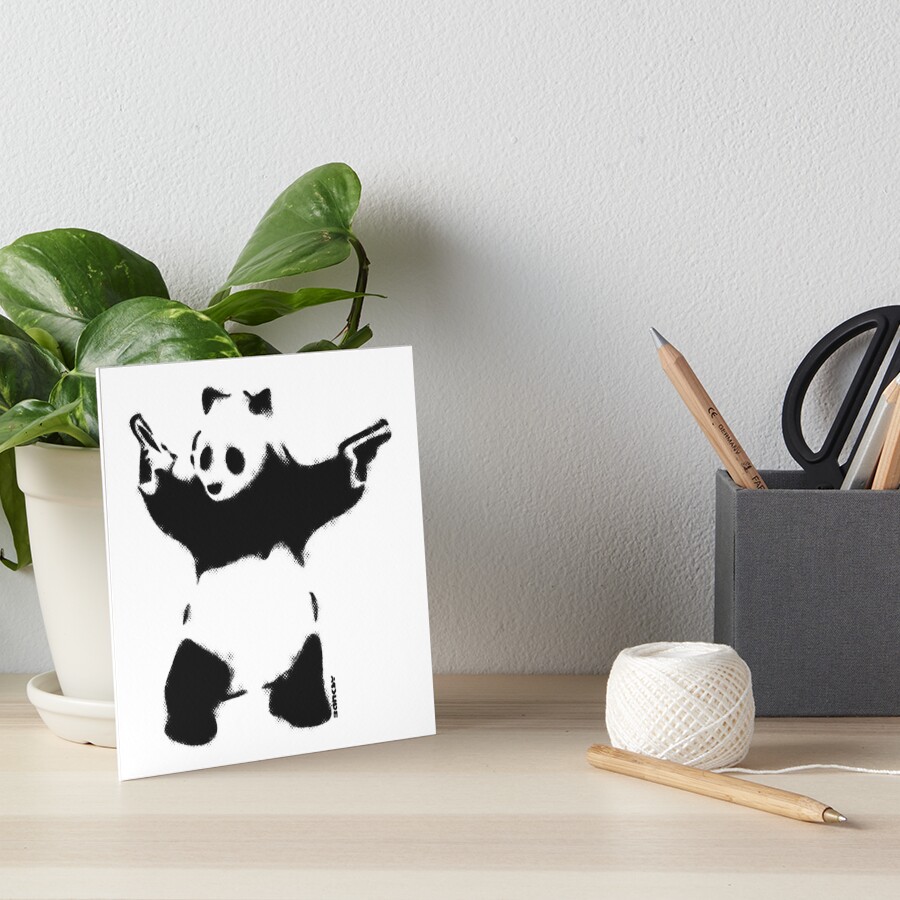 Banksy Panda with guns black and white Graffiti Street art with Banksy signature tag on white background HD HIGH QUALITY ONLINE STORE Art Board Print