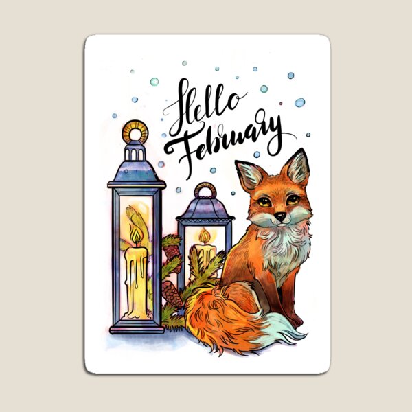 Hello February, wintry art print with fox and lanterns Magnet