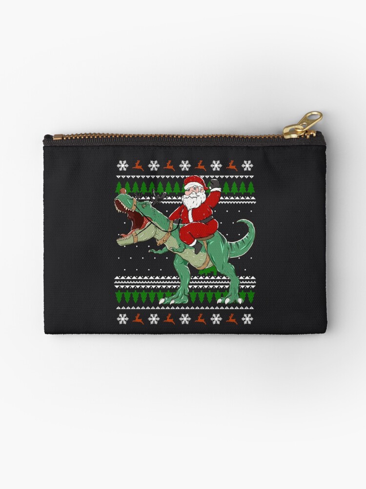 T-Rex Santa Pattern Canvas Coin Purse Small Cute Wallet Bag with Zip