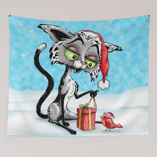 Item preview, Happy Cat and Bird with Christmas Gift  designed and sold by BluedarkArt.