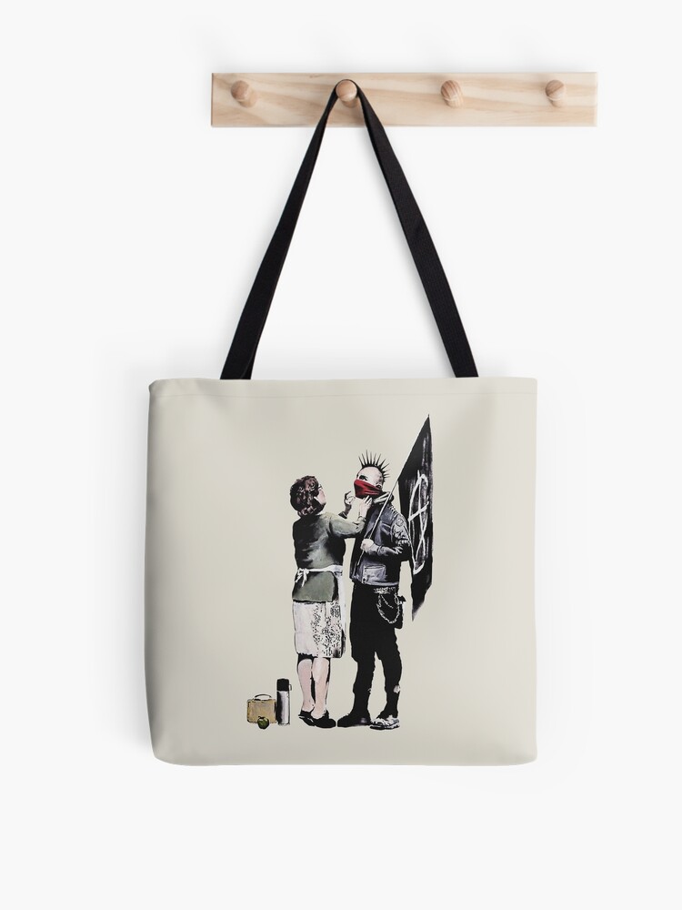 Banksy graffiti mom and punk with anarchist flag Protest Don't forget to  eat your lunch and make some trouble quote on beige and white background HD  HIGH QUALITY ONLINE STORE Tote Bag