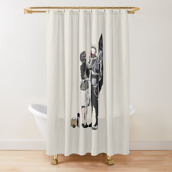 Banksy graffiti mom and punk with anarchist flag Protest Don't forget to eat your lunch and make some trouble quote on beige and white background HD HIGH QUALITY ONLINE STORE Shower Curtain