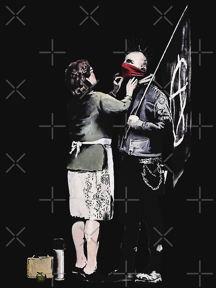 Banksy graffiti mom and punk with anarchist flag Protest Don't forget to eat your lunch and make some trouble quote on beige and white background HD HIGH QUALITY ONLINE STORE by iresist