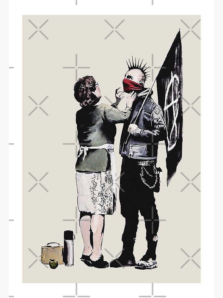 Banksy graffiti mom and punk with anarchist flag Protest Don't forget to  eat your lunch and make some trouble quote on beige and white background HD  