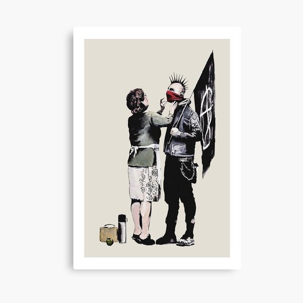 Banksy graffiti mom and punk with anarchist flag Protest Don't forget to eat your lunch and make some trouble quote on beige and white background HD HIGH QUALITY ONLINE STORE Canvas Print