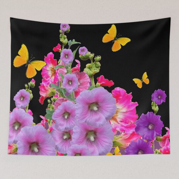 Aperçu de l'œuvre DECORATVE CERISE ROSE COTTAGE ROSES TRÉMIÈRES FLEUR PAPILLONS créée et vendue par sharlesart.