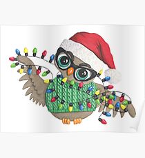 Owl with Christmas Lights Poster