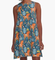 Märchen in Blau + Orange A-Linien Kleid