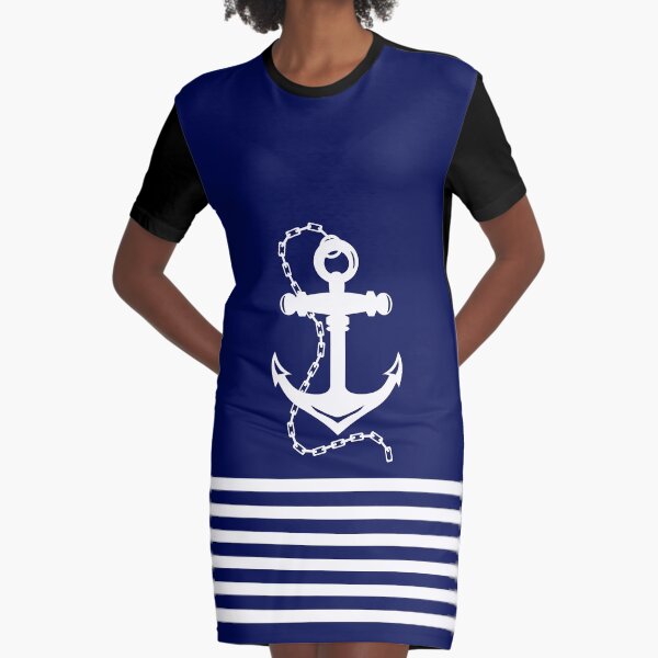 AFE Navy and White Anchor and Chain Graphic T-Shirt Dress
