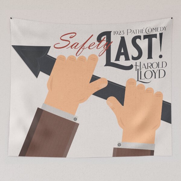 Artikelvorschau, Safety Last!, Filmplakat von Harold Lloyd, Hal Roach, Stummfilmillustration von 1923, Uhrenszene entworfen und verkauft von Spallutos.