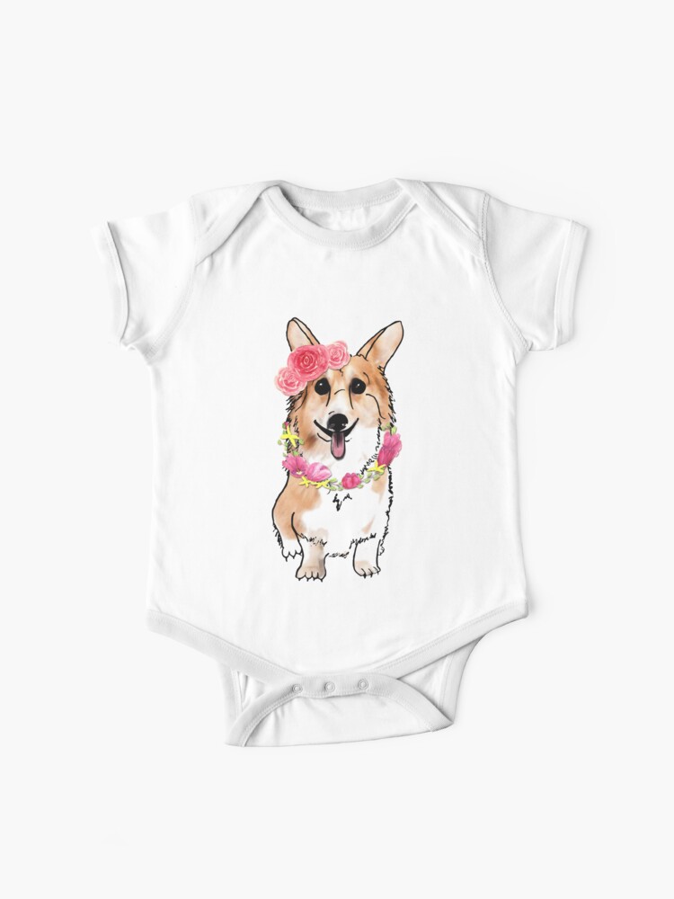 Happy Cute Corgi Dog With Roses Tulips Baby One Piece By Lizzyizzydesign Redbubble