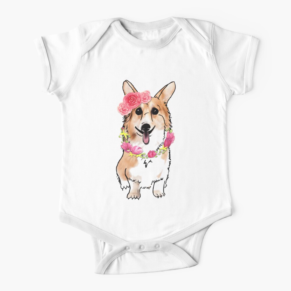 Happy Cute Corgi Dog With Roses Tulips Baby One Piece By Lizzyizzydesign Redbubble