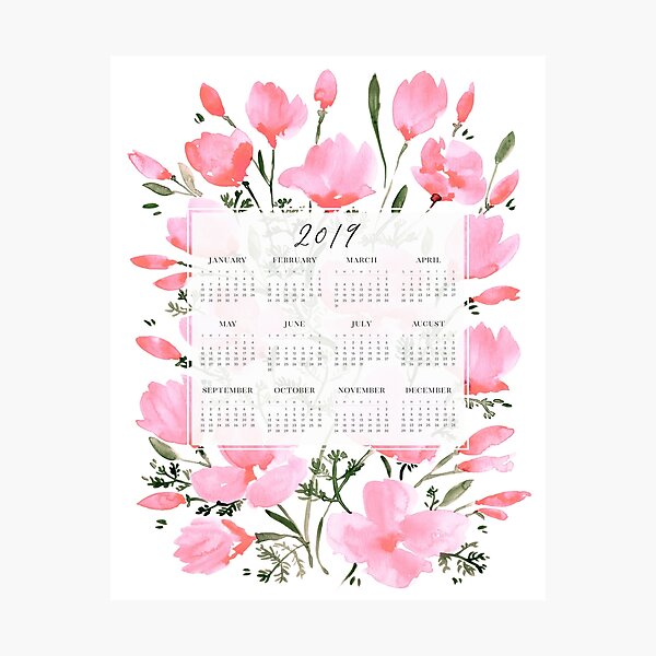 2019 calendar with pink watercolor poppies Photographic Print