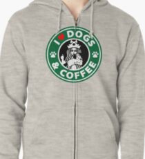 Sudadera con capucha y cremallera Amo los perros y el café - Parodia del café de Starbucks