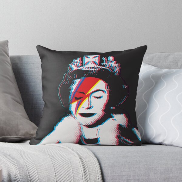 Banksy UK England God Save the Queen Elisabeth with David Bowie rockband face makeup lightning red and blue 3D anaglyph Retro effect HD HIGH QUALITY ONLINE STORE Throw Pillow