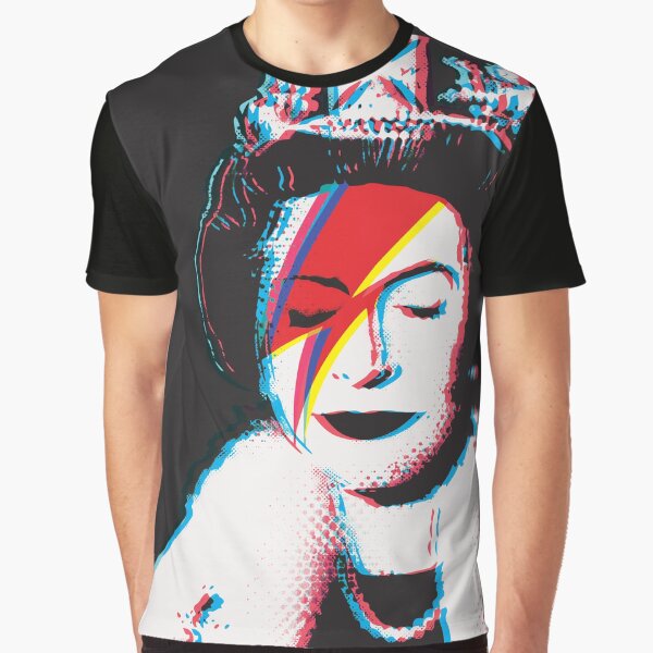 Banksy UK England God Save the Queen Elisabeth with David Bowie rockband face makeup lightning red and blue 3D anaglyph Retro effect HD HIGH QUALITY ONLINE STORE Graphic T-Shirt
