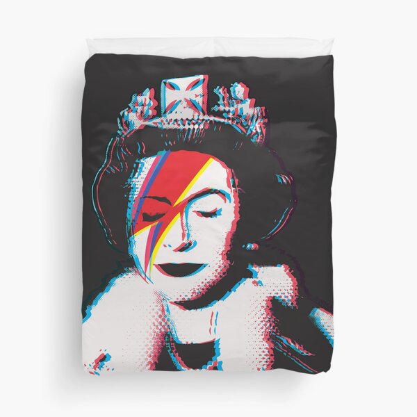 Banksy UK England God Save the Queen Elisabeth with David Bowie rockband face makeup lightning red and blue 3D anaglyph Retro effect HD HIGH QUALITY ONLINE STORE Duvet Cover