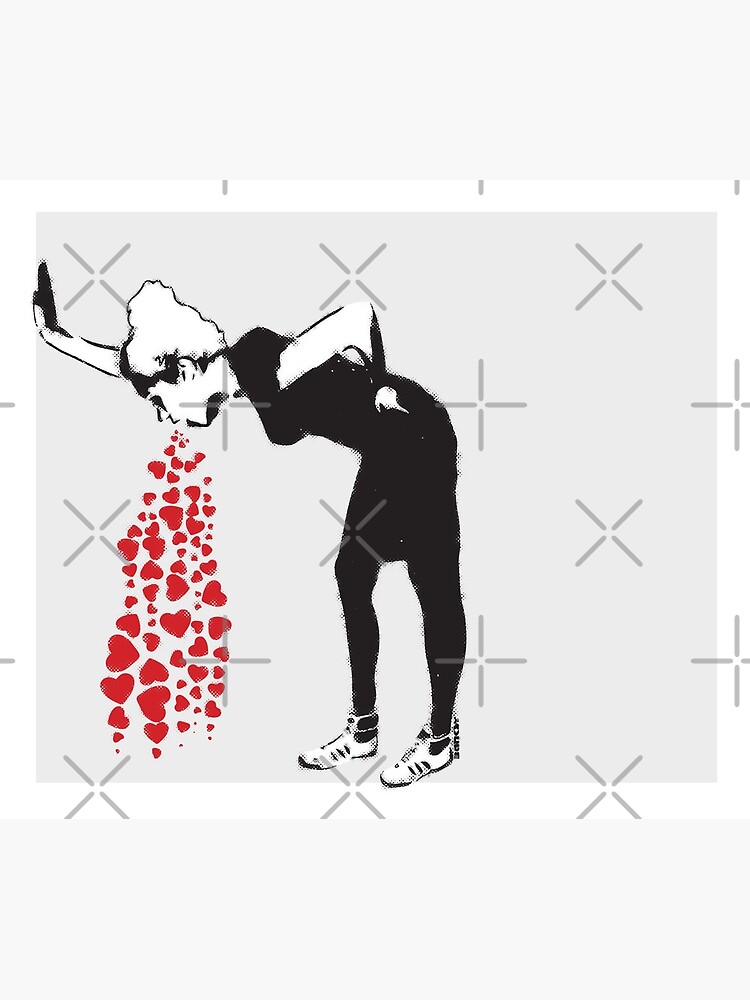 Banksy graffiti Love Sick Woman with snickers vomitting hearts Black and White with grunge texture HD HIGH QUALITY ONLINE STORE by iresist