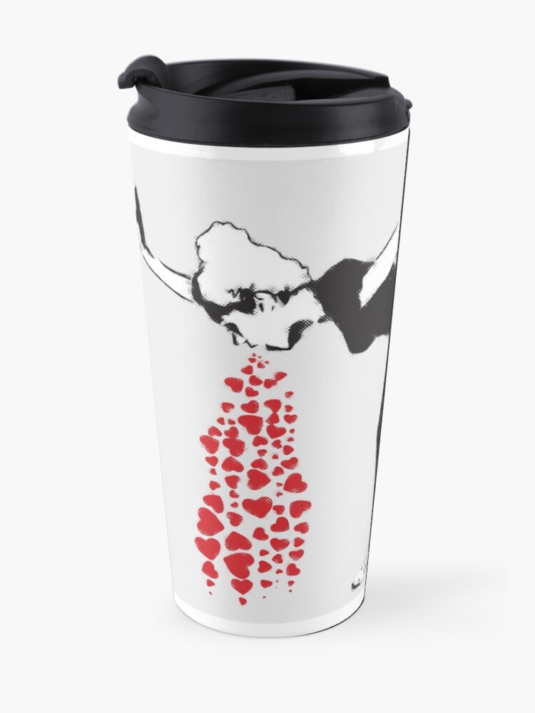 Alternate view of Banksy graffiti Love Sick Woman with snickers vomitting hearts Black and White with grunge texture HD HIGH QUALITY ONLINE STORE Travel Mug