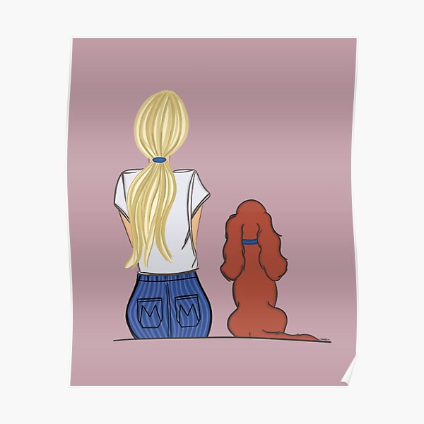 Blonde Girl & Ruby Cavalier King Charles Spaniel Poster