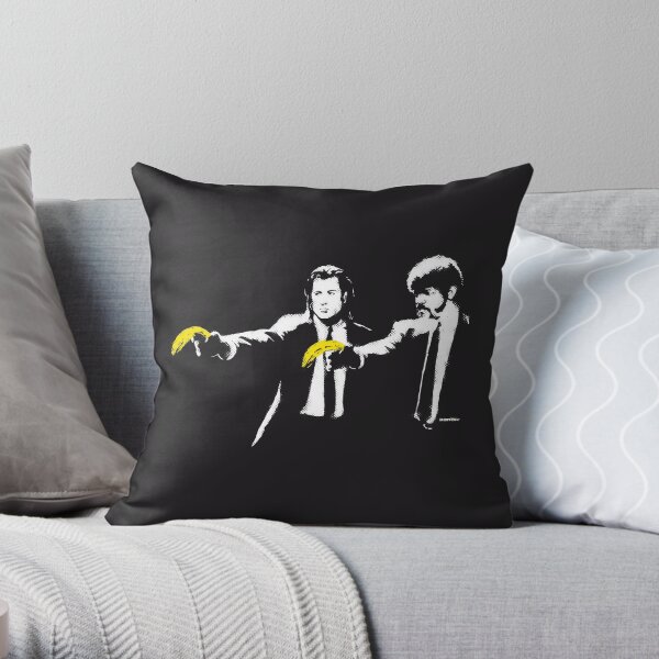 Banksy graffiti Pulp Fiction parody with bananas on Black background with grunge texture HD HIGH QUALITY ONLINE STORE Throw Pillow