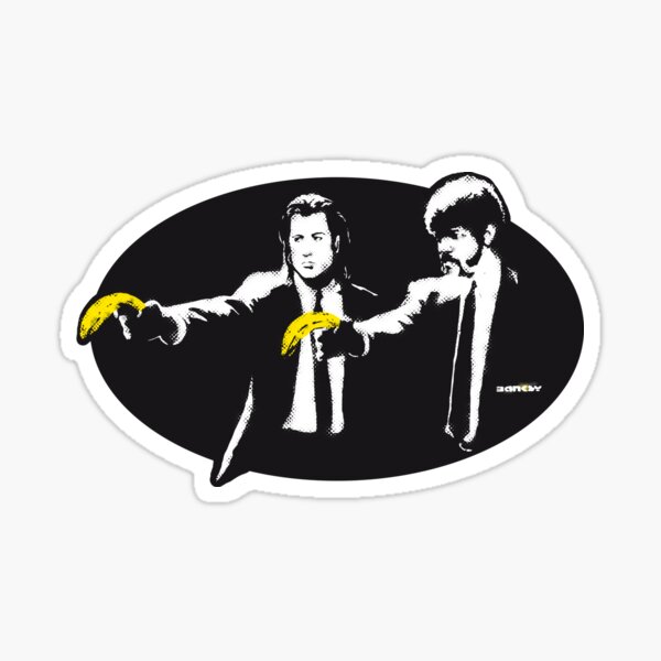 Banksy graffiti Pulp Fiction parody with bananas on Black background with grunge texture HD HIGH QUALITY ONLINE STORE Sticker