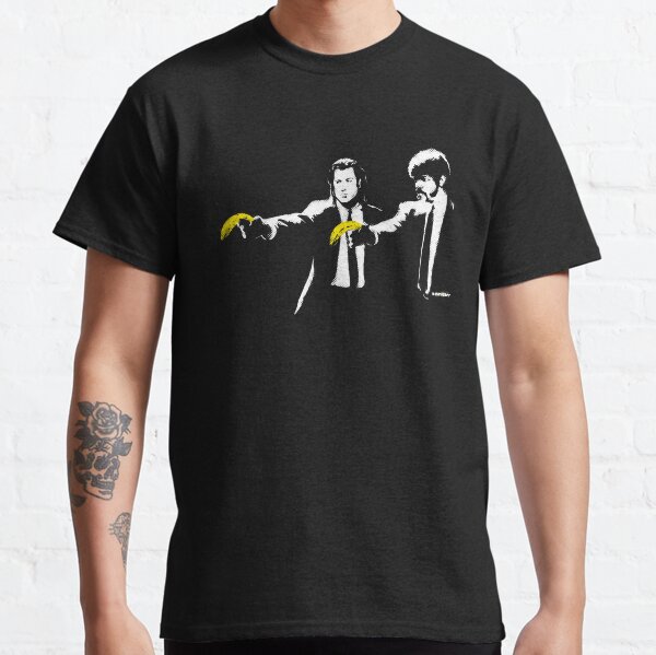 Banksy graffiti Pulp Fiction parody with bananas on Black background with grunge texture HD HIGH QUALITY ONLINE STORE Classic T-Shirt