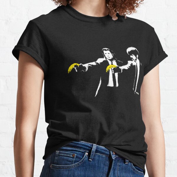 Banksy graffiti Pulp Fiction parody with bananas on Black background with grunge texture HD HIGH QUALITY ONLINE STORE Classic T-Shirt
