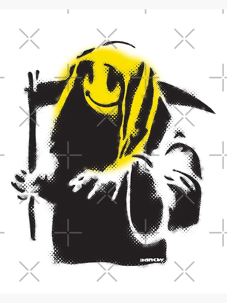 Disover Banksy graffiti Grim reaper with smiley face yellow and white background HD HIGH QUALITY ONLINE STORE Premium Matte Vertical Poster