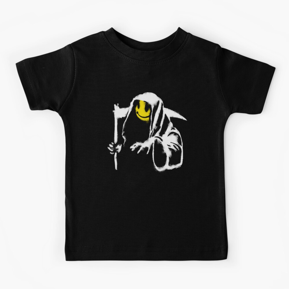 Banksy graffiti Grim reaper with smiley face yellow and black background HD HIGH QUALITY ONLINE STORE Kids T-Shirt