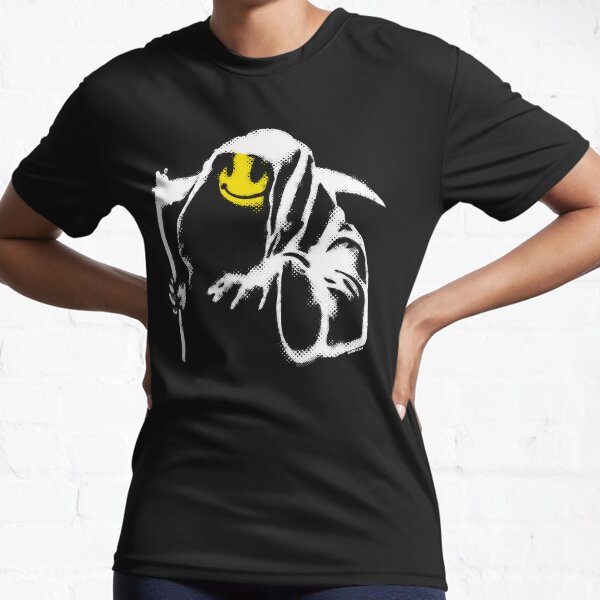 Banksy graffiti Grim reaper with smiley face yellow and black background HD HIGH QUALITY ONLINE STORE Active T-Shirt